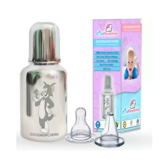Goodmunchkins Stainless Steel Feeding Rustfree Bottle with 2 Anti Colic Silicone Nipple For Kids 300ml