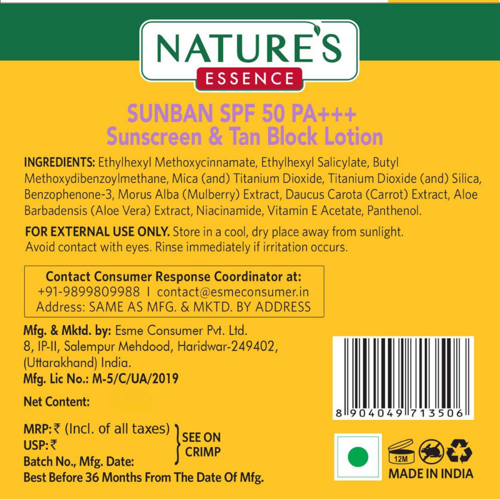 Nature's Essence Sunban Sunscreen & Tan Block Lotion SPF 50