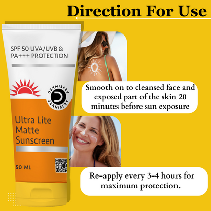 Dermistry Ultra Lite Matte Water Based Sunscreen for Oily Skin SPF 50 UVA UVB PA+++ Protection