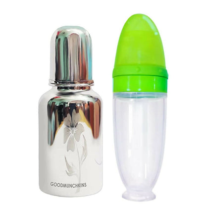 Goodmunchkins Stainless Steel Feeding Bottle With Spoon Food Feeder for Baby Anti Colic Silicon Nipple Feeder 300 ml Combo Pack-Green