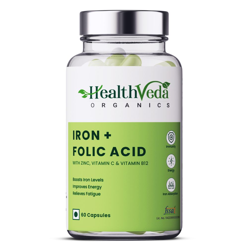 Health Veda Organics Iron + Folic Acid Capsules - BUDNE