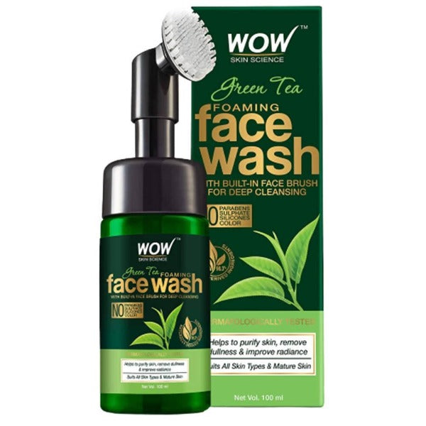 Wow Skin Science Green Tea Foaming Face Wash With Built-In Face Brush For Deep Cleansing - BUDNE