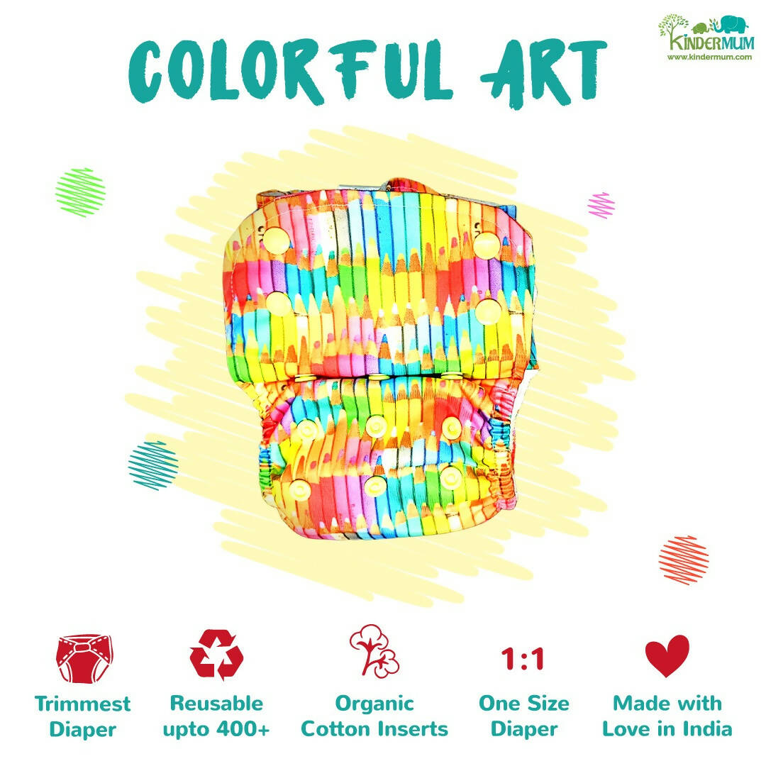 Kindermum Pro Aio Cloth Diaper (With 2 Organic Inserts And Power Booster)-Colorful Art For Kids