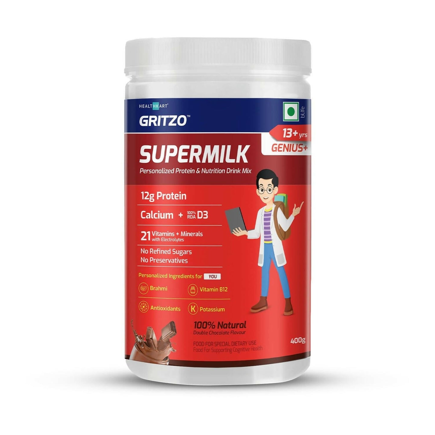 Gritzo Supermilk Genius+ Health Drink For 13+Y Boys - Double Chocolate - BUDNE