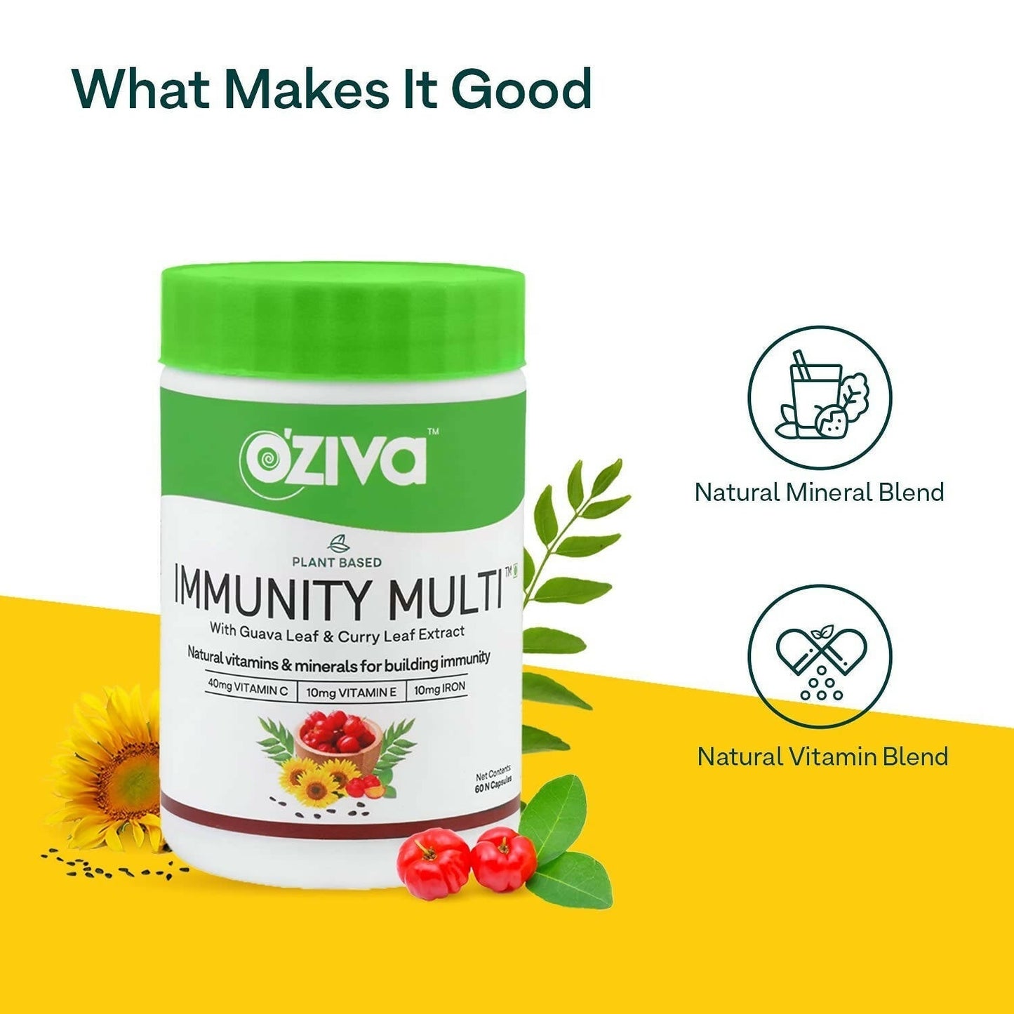 OZiva Plant Based Immunity Multivitamin with Guava Leaf & Curry Leaf Extract Capsules