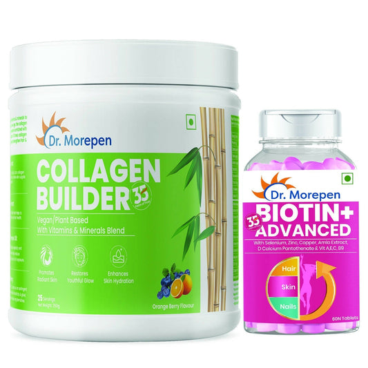 Dr. Morepen Biotin+ Advanced Tablets and Natural Collagen Builder, Orange Berry Flavour Combo - usa canada australia