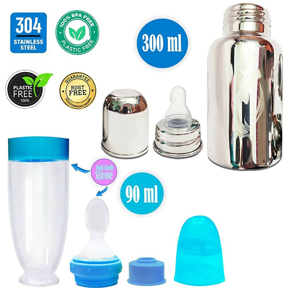 Goodmunchkins Stainless Steel Feeding Bottle With Spoon Food Feeder for Baby Anti Colic Silicon Nipple Feeder 300 ml Combo Pack-Blue