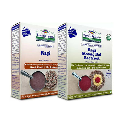 TummyFriendly Foods Organic Sprouted Ragi and Organic Sprouted Ragi, Moong Dal, Beetroot Porridge Mixes Combo -  USA, Australia, Canada 