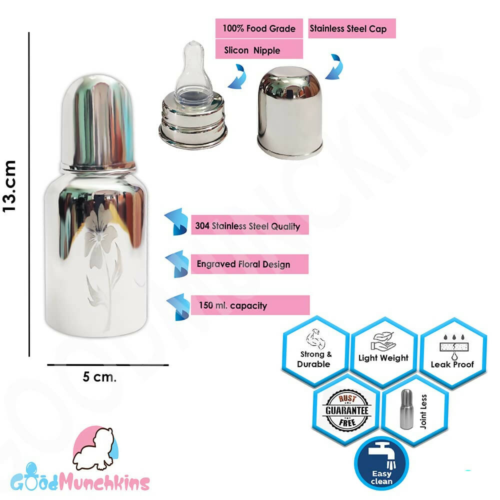 Goodmunchkins Stainless Steel Feeding Bottle with Bottle Cleaning Brush/Chakku/Anti Colic Silicone Nipple Combo-(220ml,Pink)