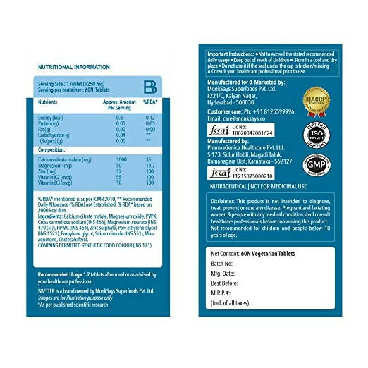 BBETTER Calcium Magnesium Zinc Tablets with Vitamin D3 & K2