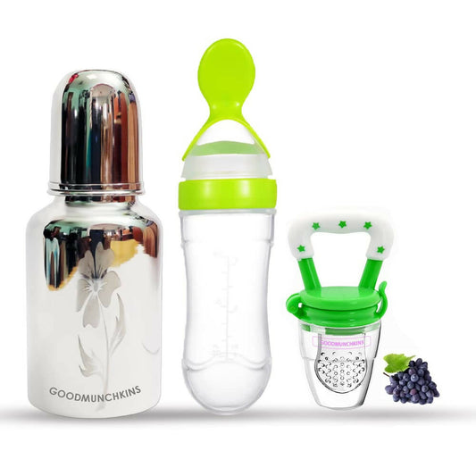 Goodmunchkins Stainless Steel Feeding Bottle, Food Feeder & Fruit Feeder Combo for Baby (Green-Green, 220ml) -  USA, Australia, Canada 