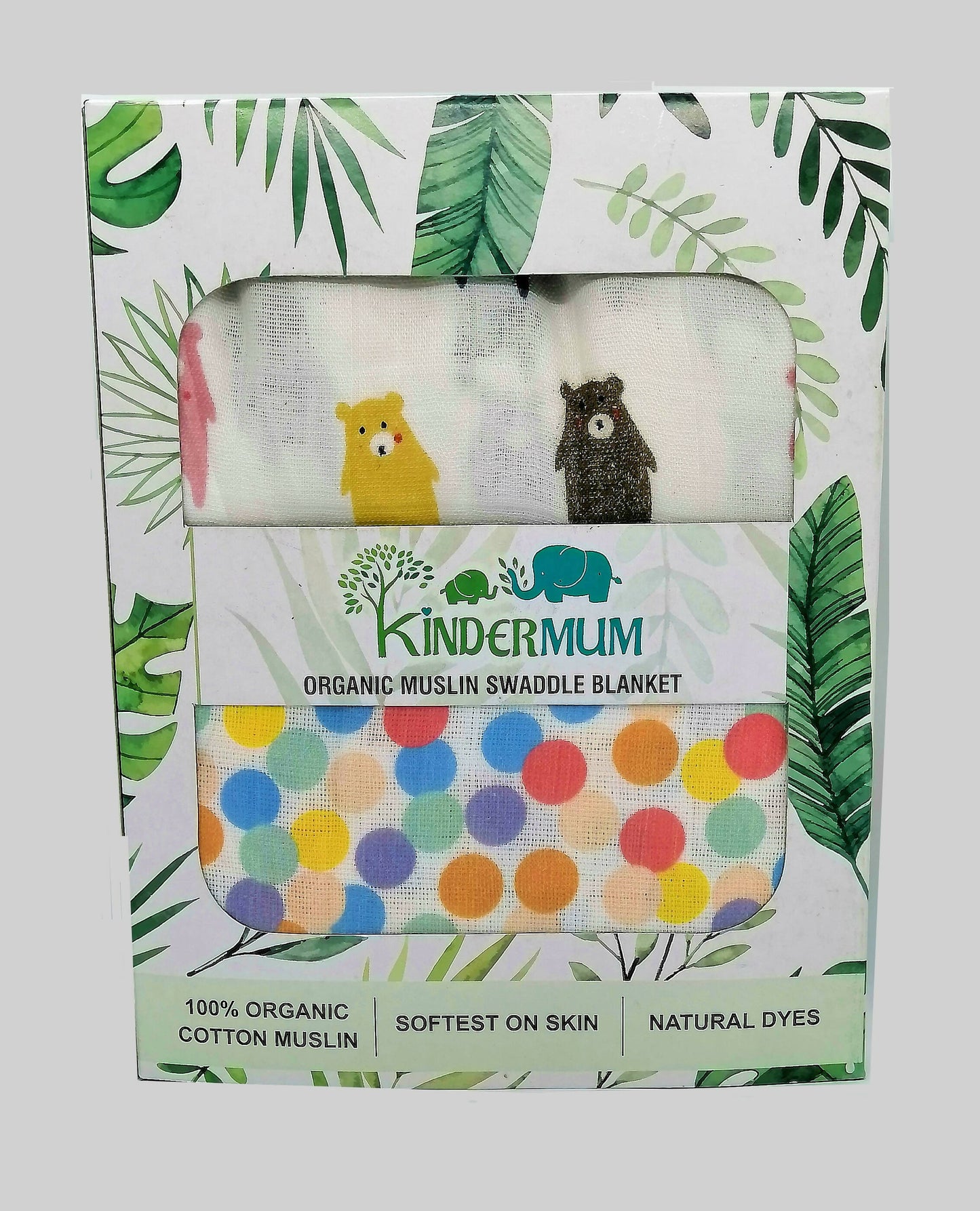 Kindermum Organic Cotton Muslin Swaddle Blanket 110 Cm X 110 Cm - Set Of 2 - Colorful Polka And Bear