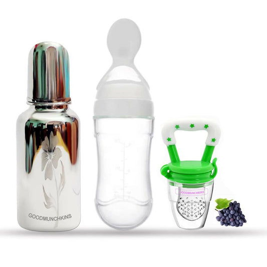 Goodmunchkins Stainless Steel Feeding Bottle, Food Feeder & Fruit Feeder Combo for Baby-(White-Green, 220ml) -  USA, Australia, Canada 