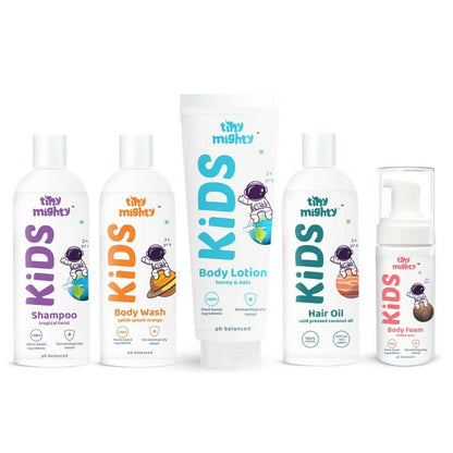 Tiny Mighty Kids Body Wash, Body Foam Wash, Body Lotion, Shampoo & Hair Oil Combo -  USA, Australia, Canada 
