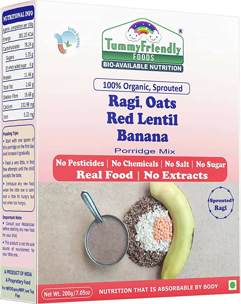 TummyFriendly Foods Organic Sprouted Ragi, Oats, Red Lentil, Banana Porridge Mix -  USA, Australia, Canada 