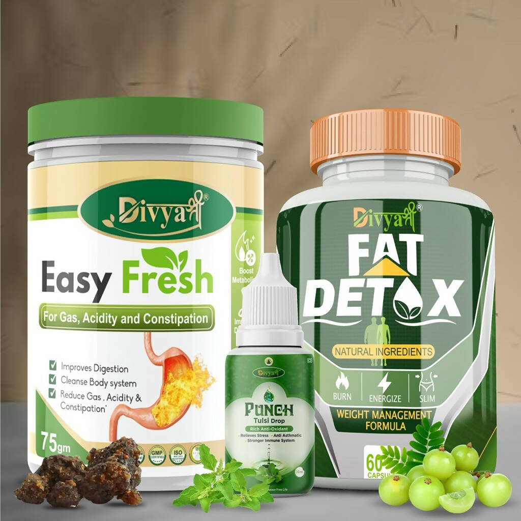 Divya Shree Fat Detox Capsule + Easy Fresh Powder & Punch Tulsi Drop Gas Combo Kit