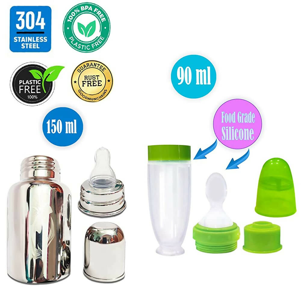 Goodmunchkins Stainless Steel Feeding Bottle With Spoon Food Feeder for Baby Anti Colic Silicon Nipple Feeder 150 ml Combo Pack-Green