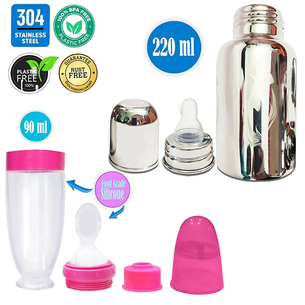Goodmunchkins Stainless Steel Feeding Bottle With Spoon Food Feeder for Baby Anti Colic Silicon Nipple Feeder 220 ml Combo Pack-Pink