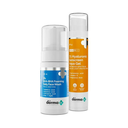 The Derma Co1% Hyaluronic Sunscreen Aqua Gel + 3% AHA+BHA Foaming Daily Face Wash