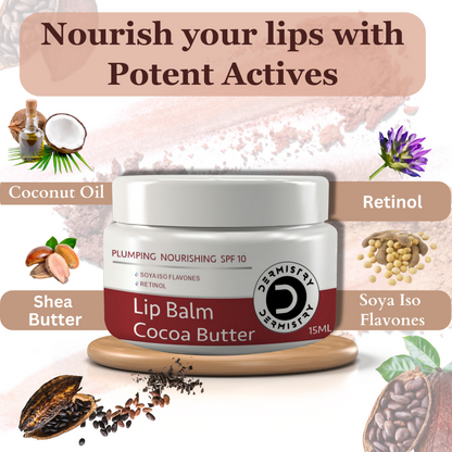 Dermistry Cocoa Butter Lip Care Tint Balm Plumping Nourishing Retinol SPF 10 for Glossy Lips