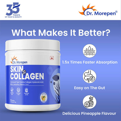 Dr. Morepen Skin Collagen Protein Powder With Hyaluronic Acid, Vitamin C, Sesbania & Biotin - Pineapple Flavour