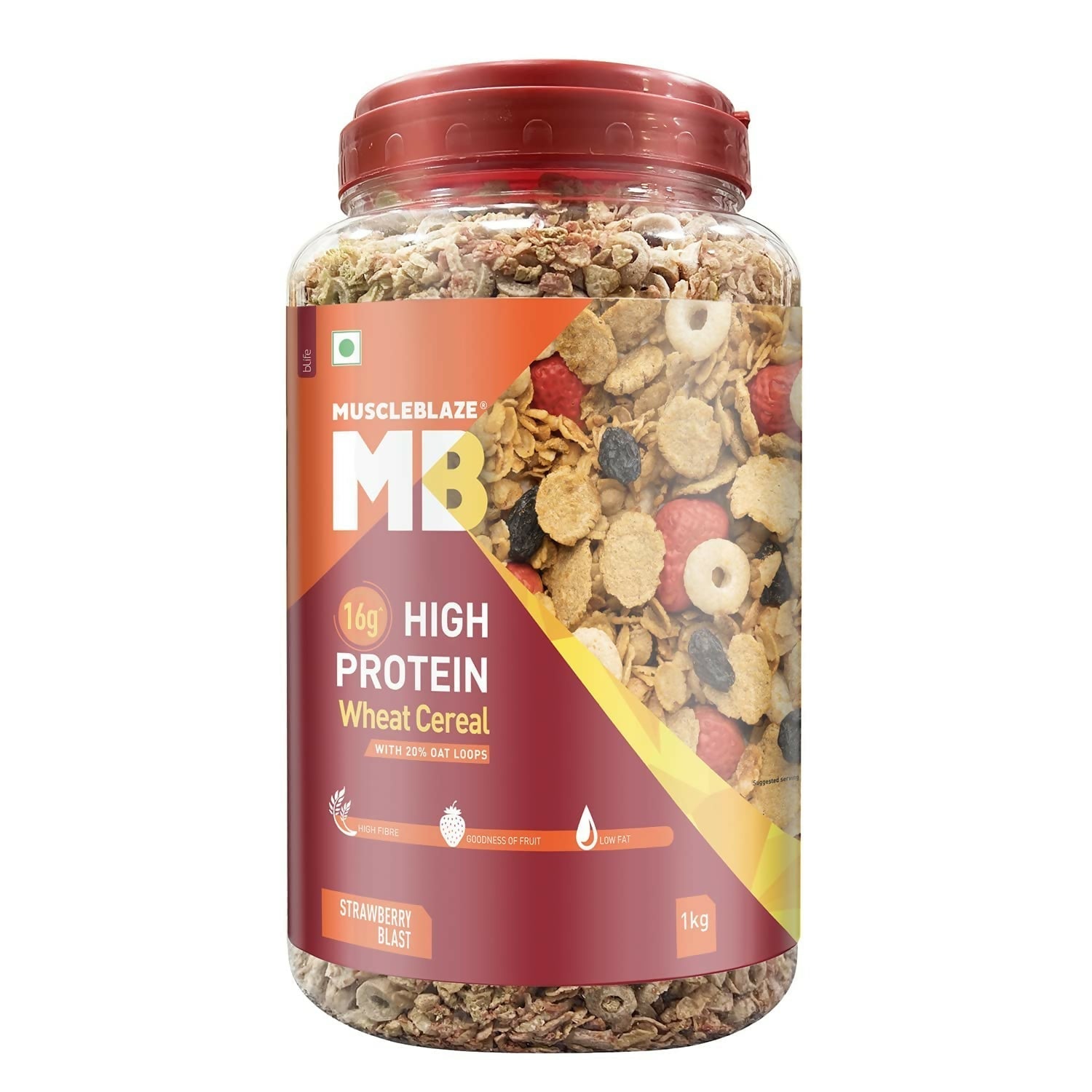 MuscleBlaze 16g High Protein Wheat Cereal - Strawberry Blast - BUDNE