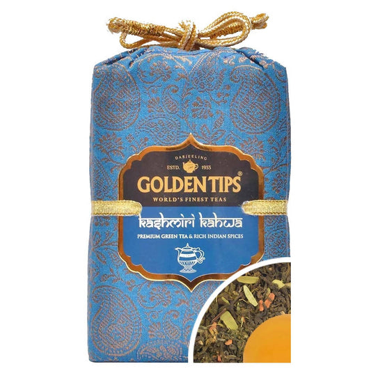 Golden Tips Kashmiri Kahwa Premium Green Tea - Royal Brocade Cloth Bag - BUDNE