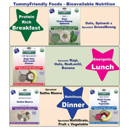 TummyFriendly Foods Organic Certified Stage3 Sprouted Porridge Mixes Combo - 4 Packs With Oats for 8 Months Old Baby