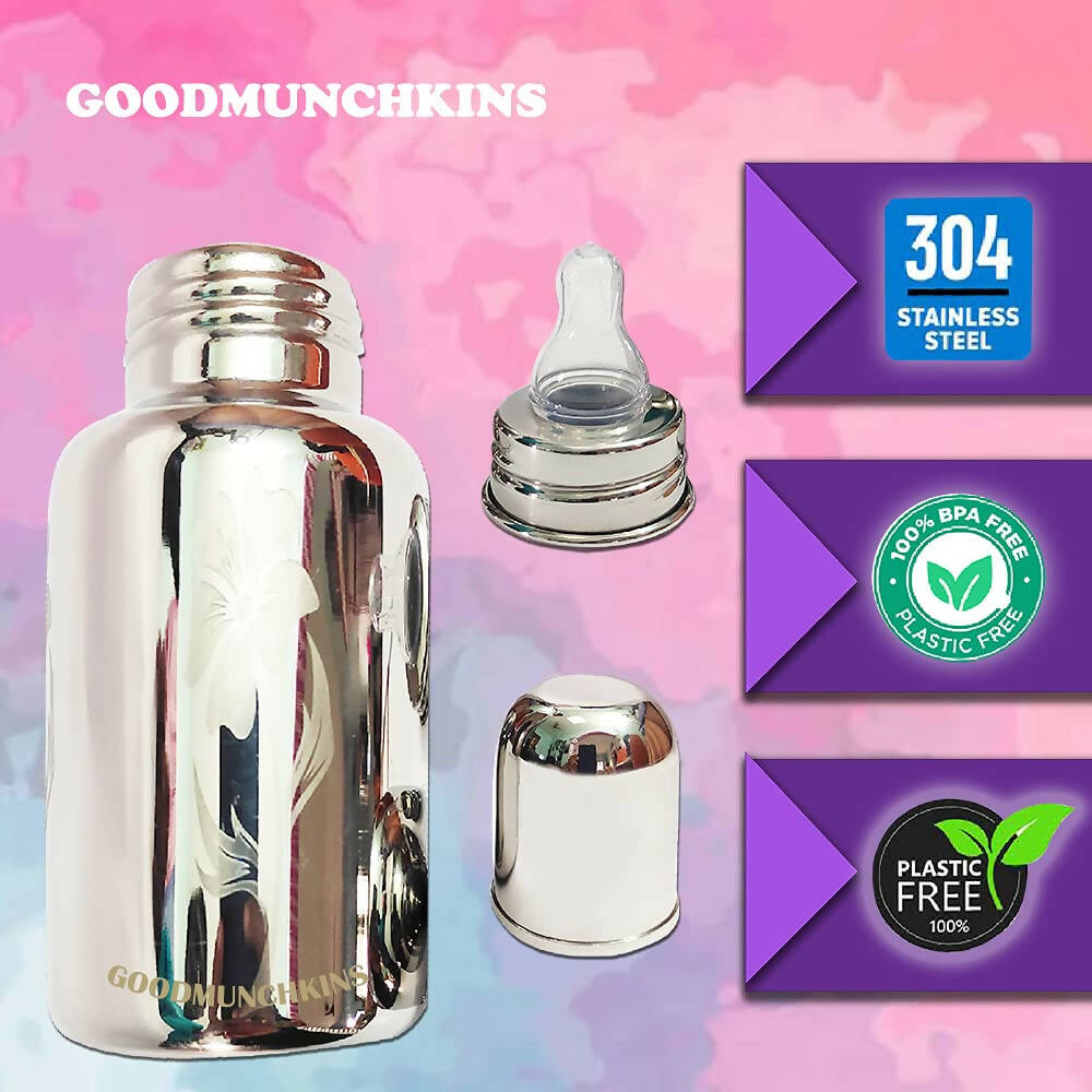 Goodmunchkins Stainless Steel Feeding Bottle with Bottle Cleaning Brush/Chakku/Anti Colic Silicone Nipple Combo-(150ml,Pink)