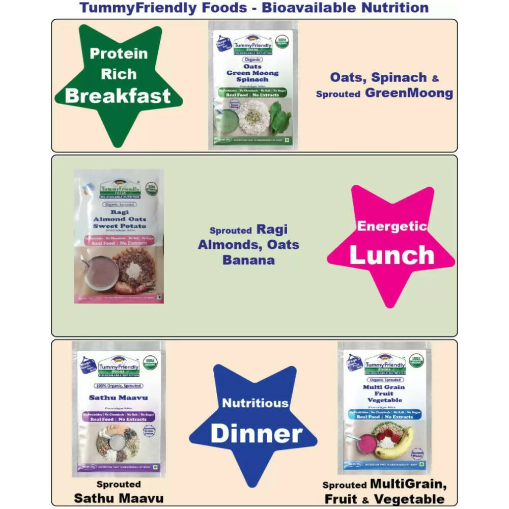 TummyFriendly Foods Certified Stage3 Porridge Mixes Trial Packs - Ragi, MultiGrain, Oats, Sathu Maavu for 8 Months Old Baby