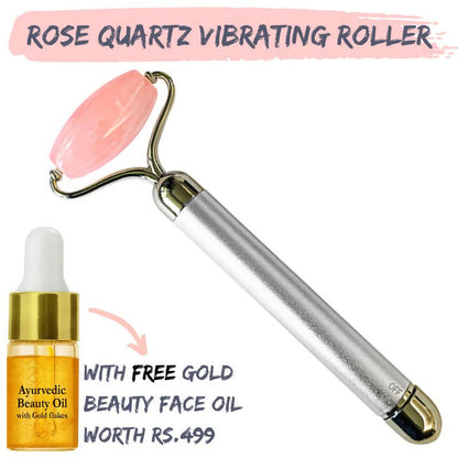 Natural Vibes Rose Quartz Vibrating Face Massage Roller with Free Gold Beauty Elixir Oil