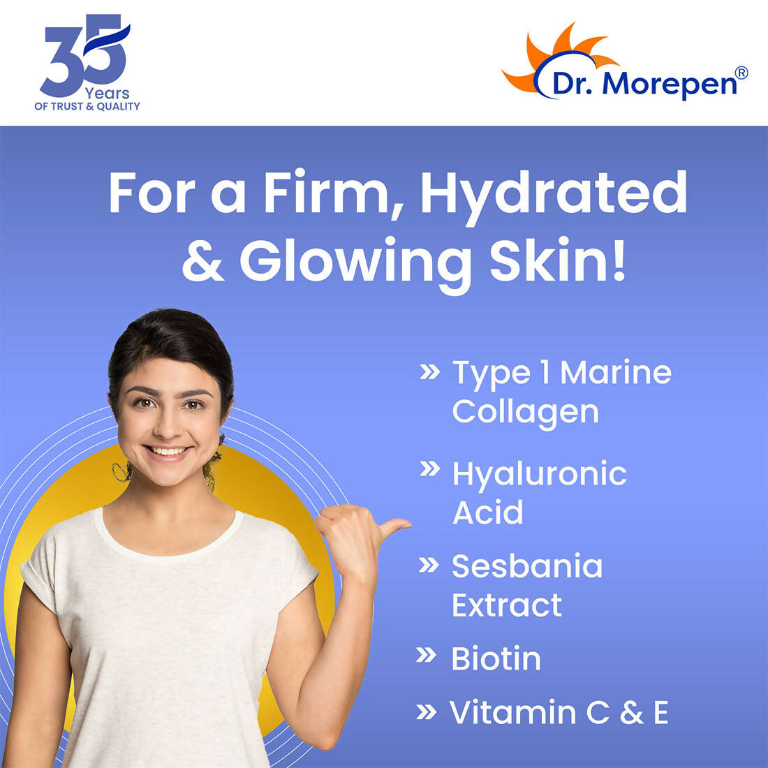 Dr. Morepen Skin Collagen Protein Powder With Hyaluronic Acid, Vitamin C, Sesbania & Biotin - Pineapple Flavour