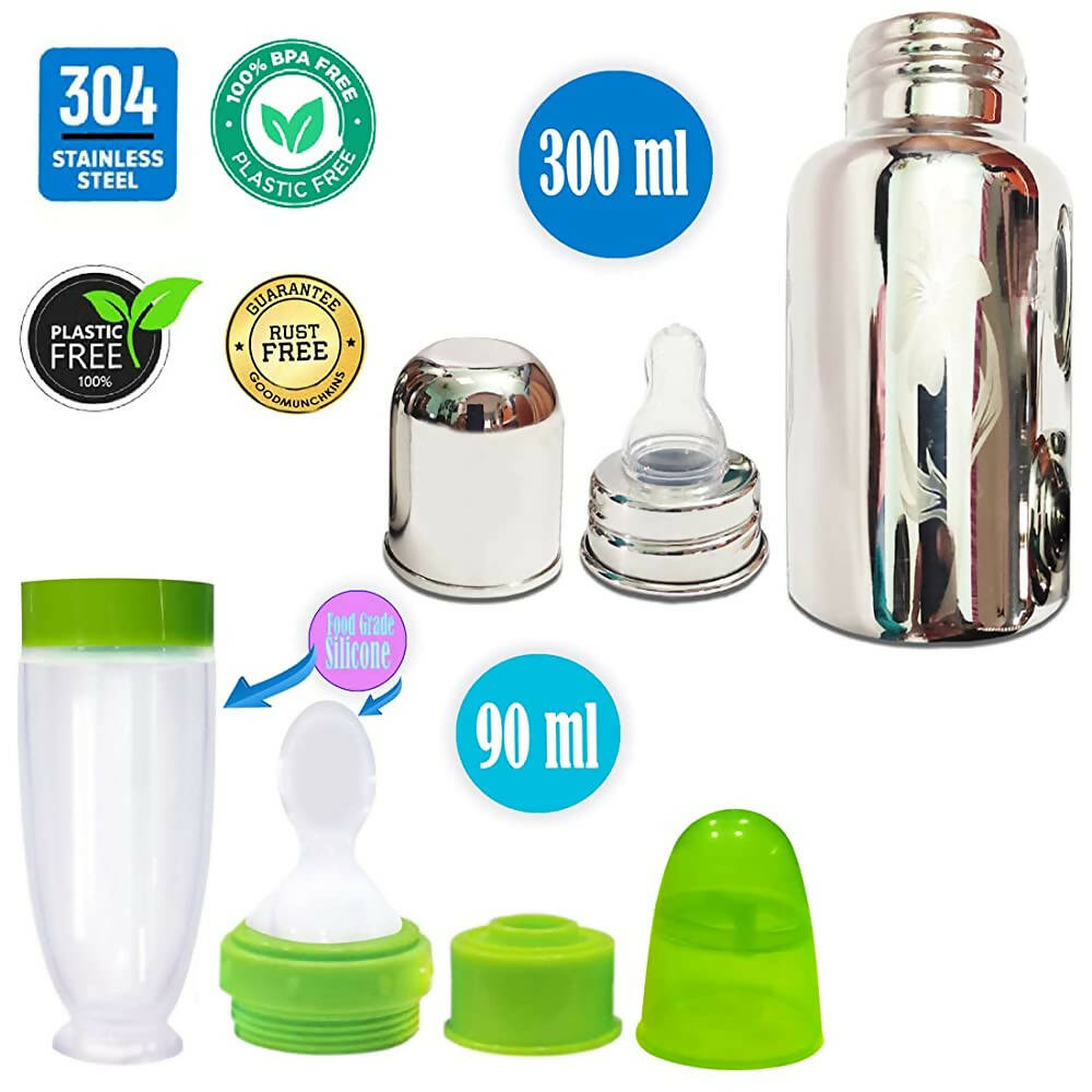 Goodmunchkins Stainless Steel Feeding Bottle With Spoon Food Feeder for Baby Anti Colic Silicon Nipple Feeder 300 ml Combo Pack-Green