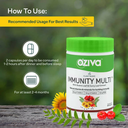 OZiva Plant Based Immunity Multivitamin with Guava Leaf & Curry Leaf Extract Capsules