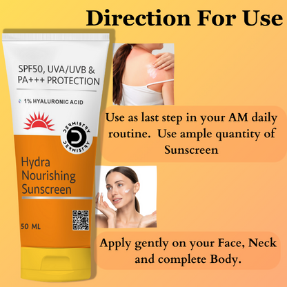 Dermistry 1% Hyaluronic Acid Ultra Hydrating Sunscreen for Dry Skin SPF 50 UVA UVB PA+++ Protection