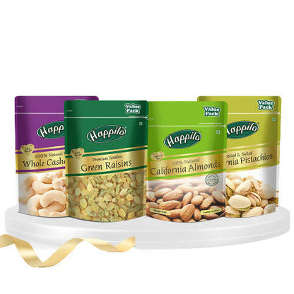 Happilo Premium Super Value Combo (Californian Almonds, Whole Cashews, Pistachios, Seedless Green Raisins) - BUDNE