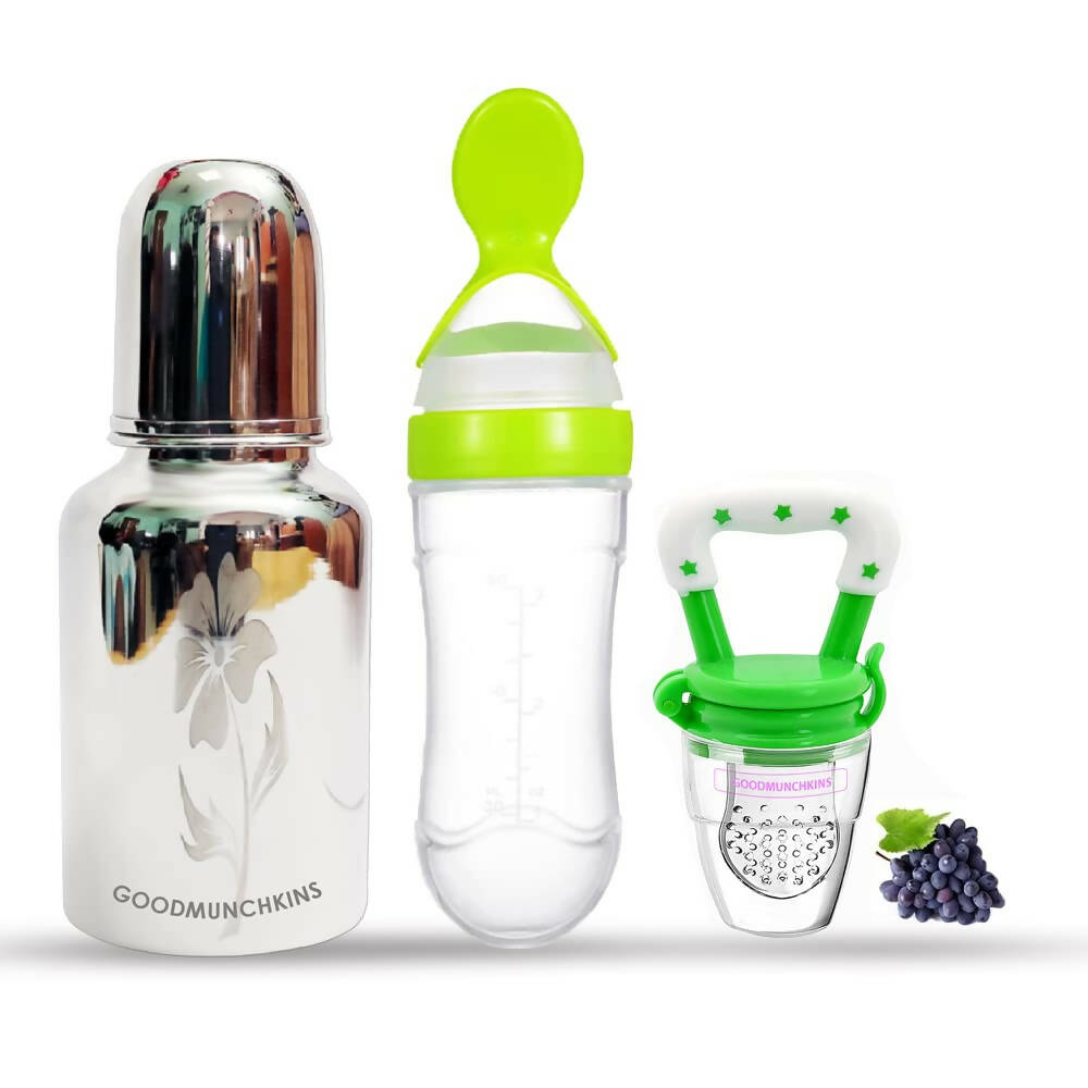 Goodmunchkins Stainless Steel Feeding Bottle, Food Feeder & Fruit Feeder Combo for Baby-(Green-Green, 300ml)