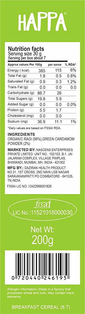 Happa Organic Baby Food Sprouted Ragi Porridge Mix-Stage 2