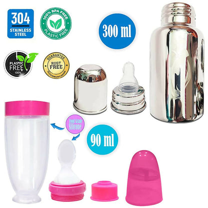 Goodmunchkins Stainless Steel Feeding Bottle With Spoon Food Feeder for Baby Anti Colic Silicon Nipple Feeder 300 ml Combo Pack-Pink