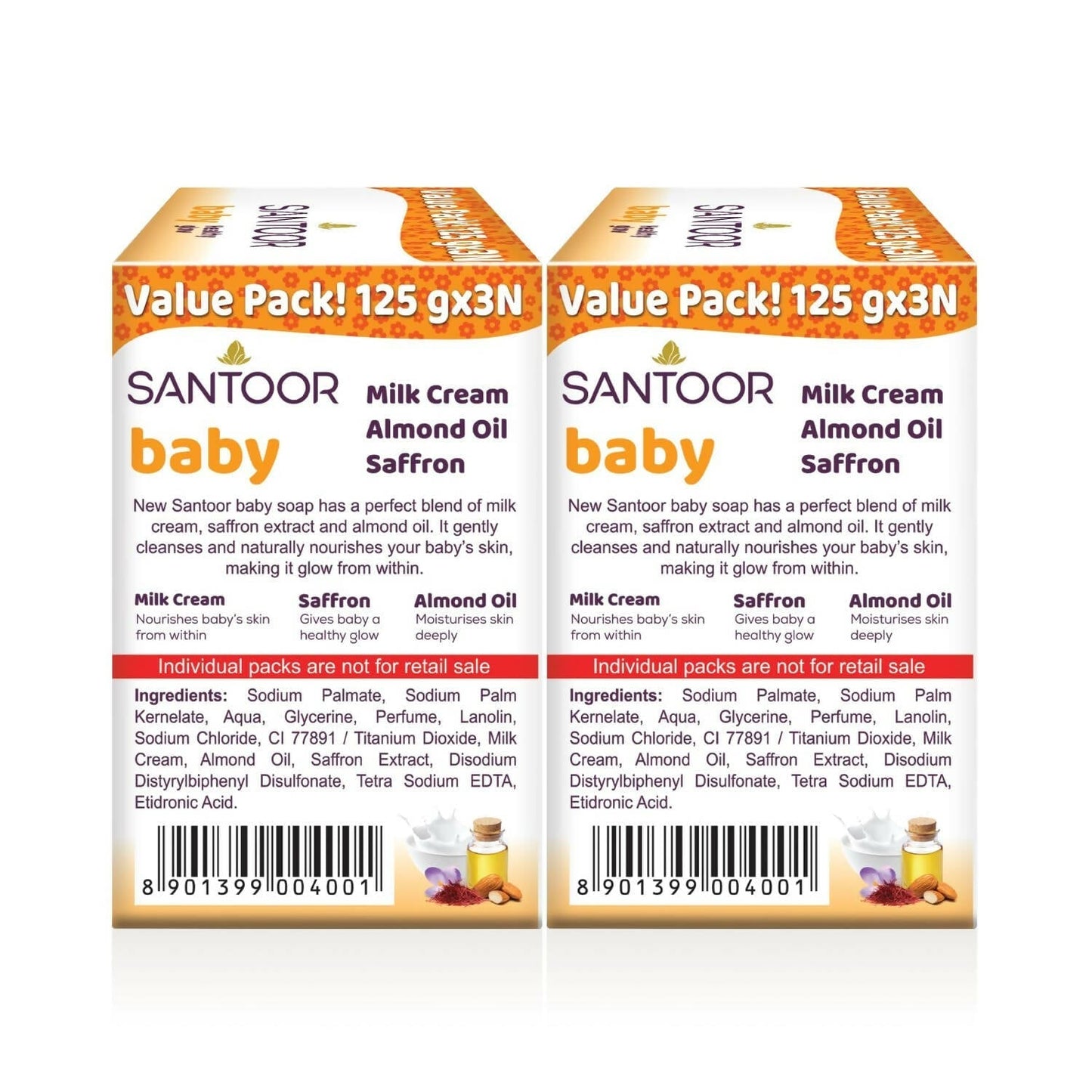 Santoor Baby Bathing Soap with Milk Cream, Saffron, & Almond Oil