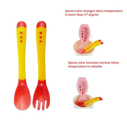 Safe-O-Kid Heat Sensitive 2 Spoons 2 Forks Set, Silicone Tip, Red And Yellow