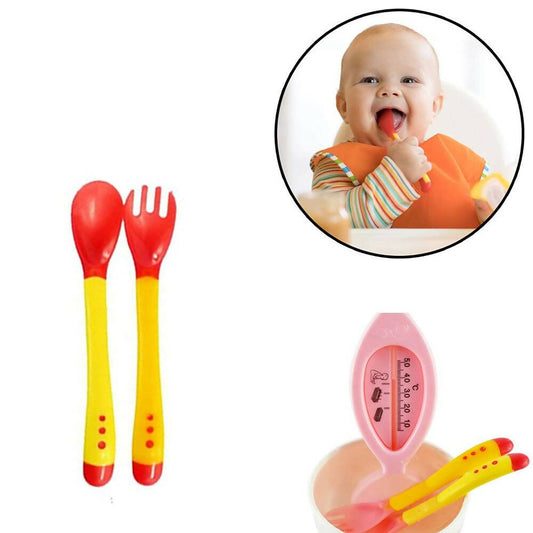 Safe-O-Kid Heat Sensitive 2 Spoons 2 Forks Set, Silicone Tip, Red And Yellow -  USA, Australia, Canada 