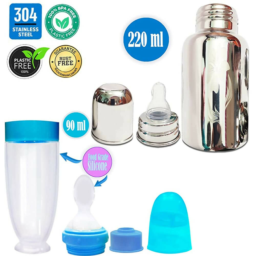 Goodmunchkins Stainless Steel Feeding Bottle With Spoon Food Feeder for Baby Anti Colic Silicon Nipple Feeder 220 ml Combo Pack-Blue