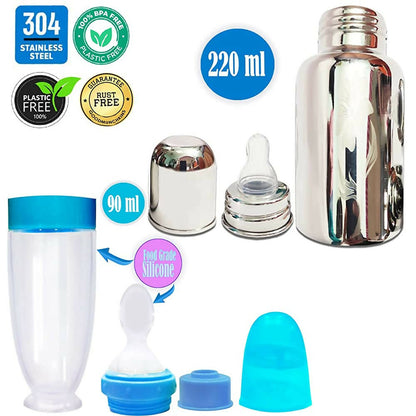 Goodmunchkins Stainless Steel Feeding Bottle With Spoon Food Feeder for Baby Anti Colic Silicon Nipple Feeder 220 ml Combo Pack-Blue