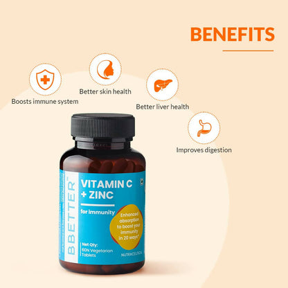 BBETTER Vitamin C and Zinc Tablets for Immunity & Skin Health