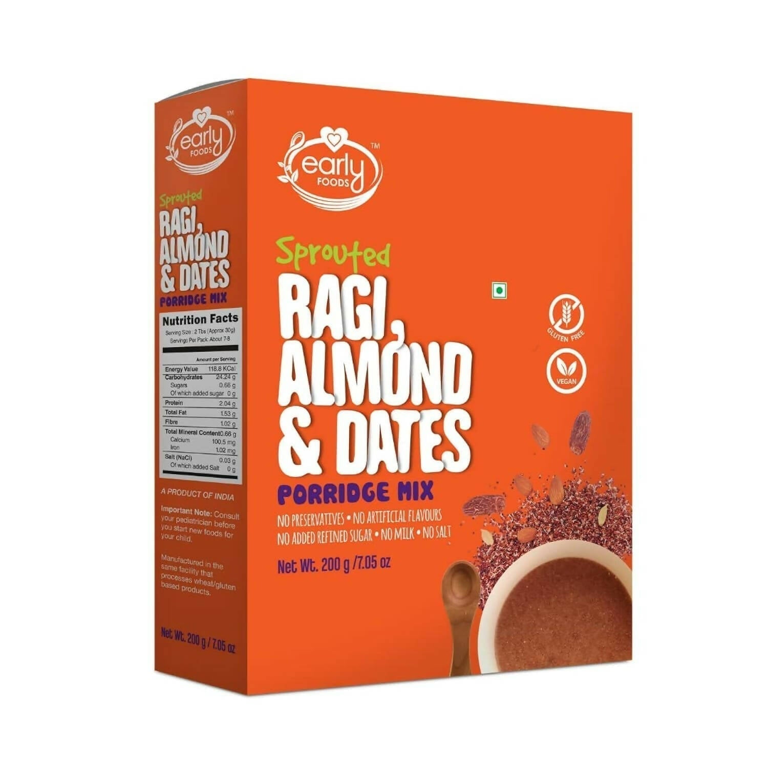 Early Foods Sprouted Ragi Almond Date Porridge Mix -  USA, Australia, Canada 