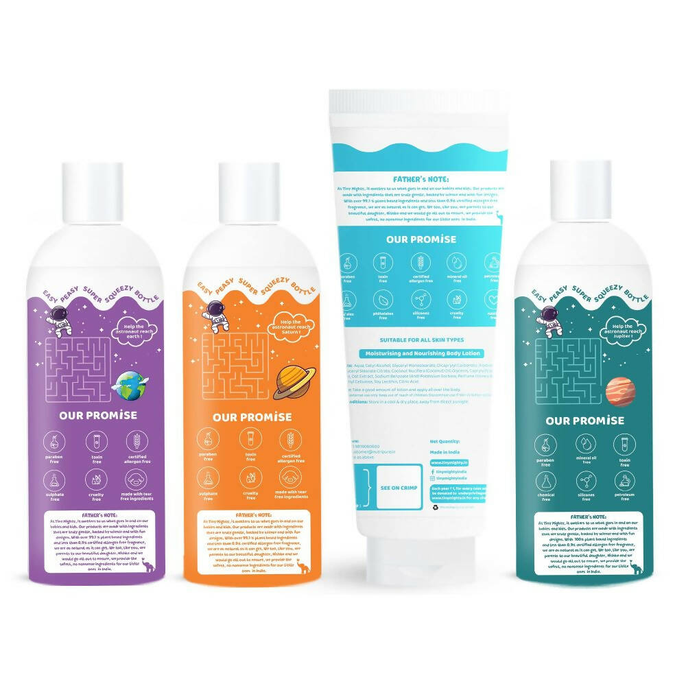 Tiny Mighty Plant Based And Natural Kids Shampoo, Body Lotion, Body Wash & Hair Oil Combo