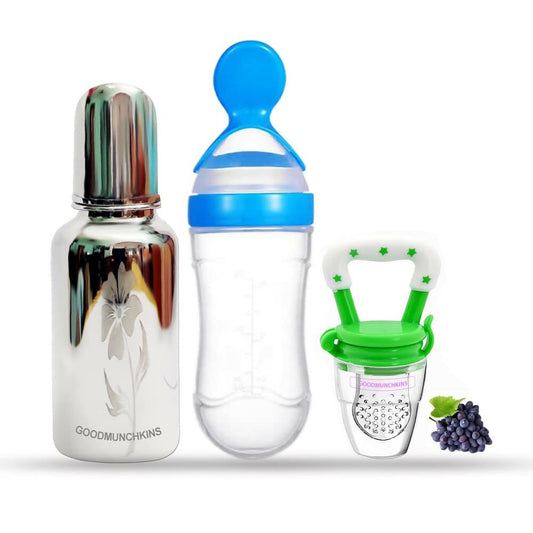 Goodmunchkins Stainless Steel Feeding Bottle, Food Feeder & Fruit Feeder Combo for Baby-(Blue-Green, 220ml) -  USA, Australia, Canada 