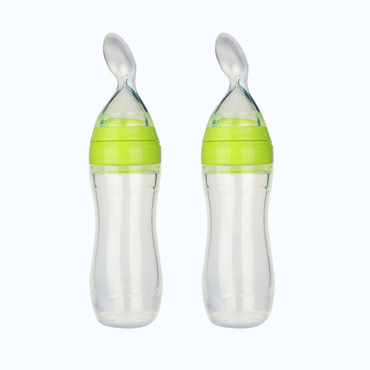 Safe-O-Kid Easy Set of 2 Squeezy Silicone Food Feeder Spoon (Soft Tip) Bottle- Green- 90mL -  USA, Australia, Canada 