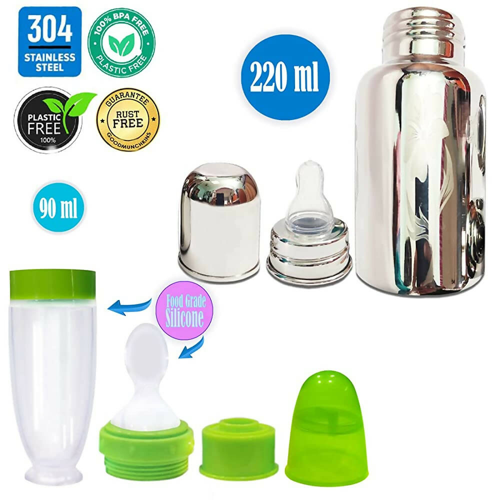 Goodmunchkins Stainless Steel Feeding Bottle with Spoon Food Feeder for Baby Anti Colic Silicon Nipple Feeder 220 ml Combo Pack-Green